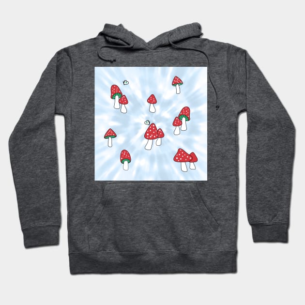 Aesthetic Red Hatted Mushrooms and Butterflies on a Light Blue Pastel Tie Dye Background Hoodie by YourGoods